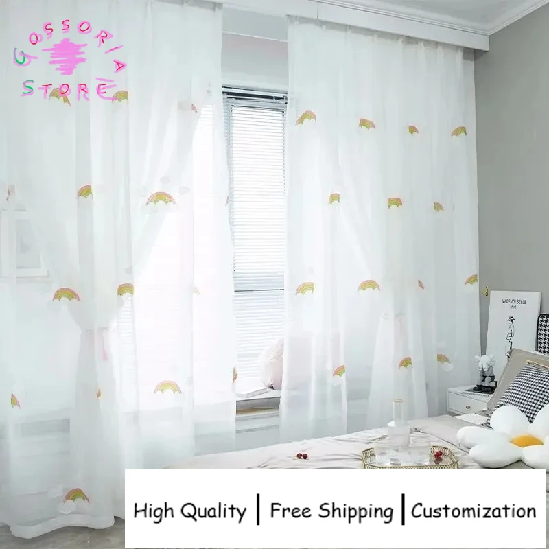 

Sample Custom Korean Style White Cloud Rainbow Embroidered Sheer Curtains for Bedroom Living Room Window Drapes Filtering Decor