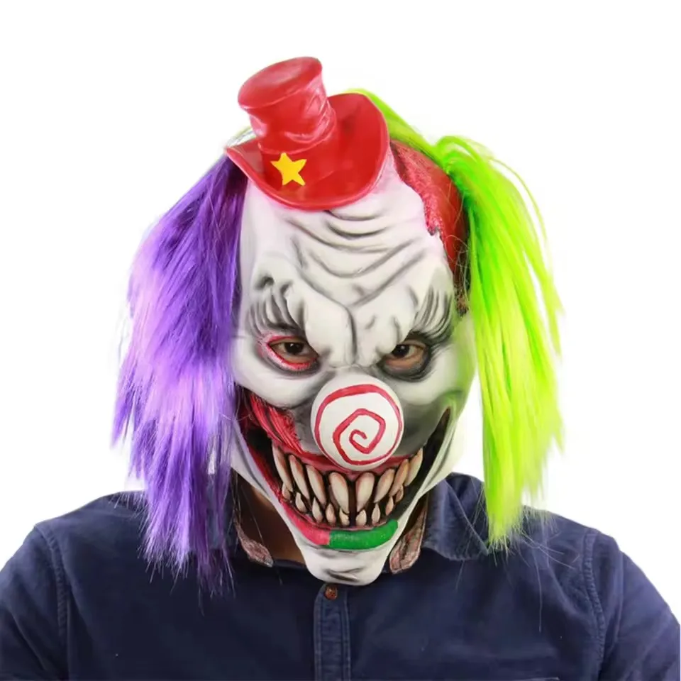 Gruselige Clown-Maske mit lila grünen Haaren, Horror-Lächeln-Gesichtsmaske, gruseliges Clown-Kostüm, Halloween, Huanted House Prop