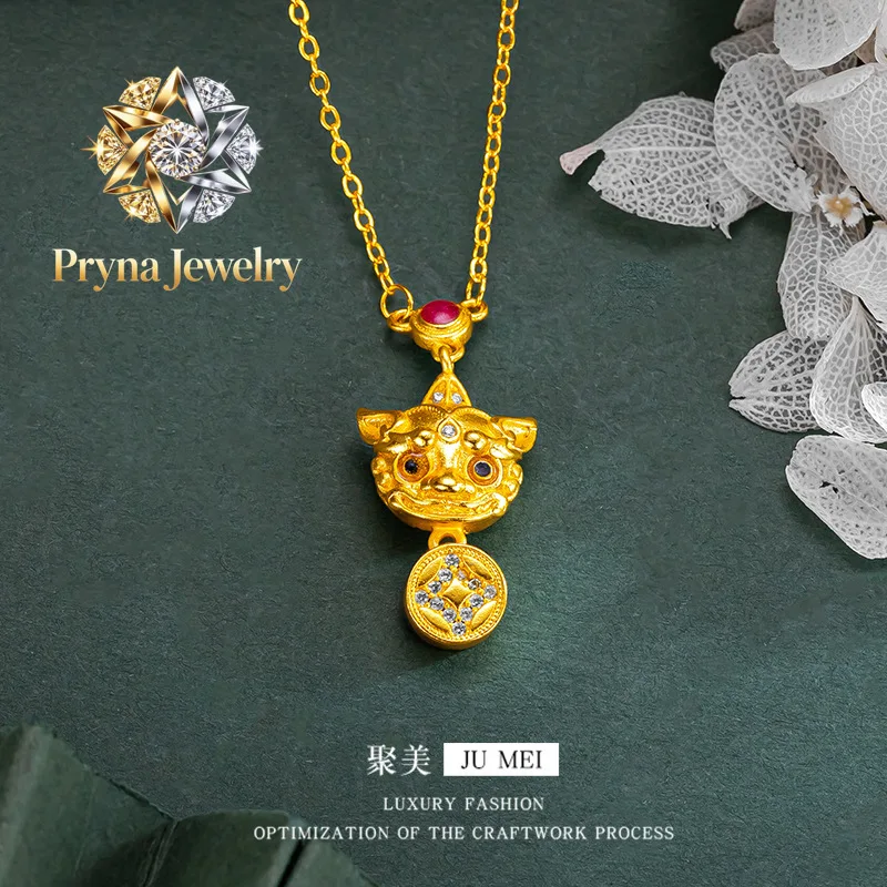 Pryna Jewelry   Light luxury 24K real gold set diamond Zhaochai pixiu bracelet set chain au9999 pure gold senior sense hand deco