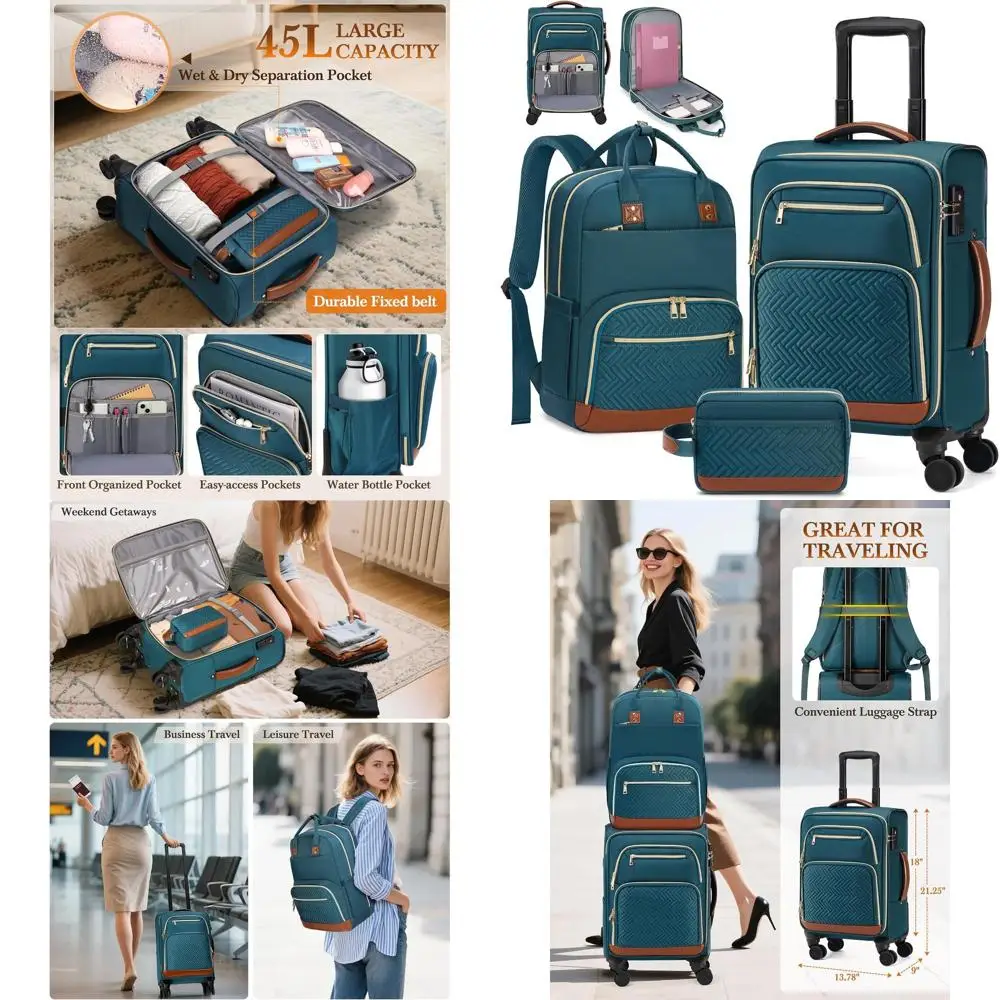 

20 Inch Airline Approved Softside Carry-On Luggage Set with Wheels and TSA Lock, 3-Piece Travel Suitcases for Weekend Trips