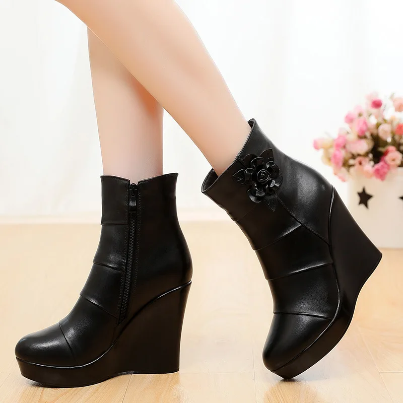 

8 см, 10 см, маленький размер 33–41, удобные черные туфли с цветочным принтом, ботинки на танкетке, 20225, осенне-зимние ботильоны на высоком каблуке с мехом