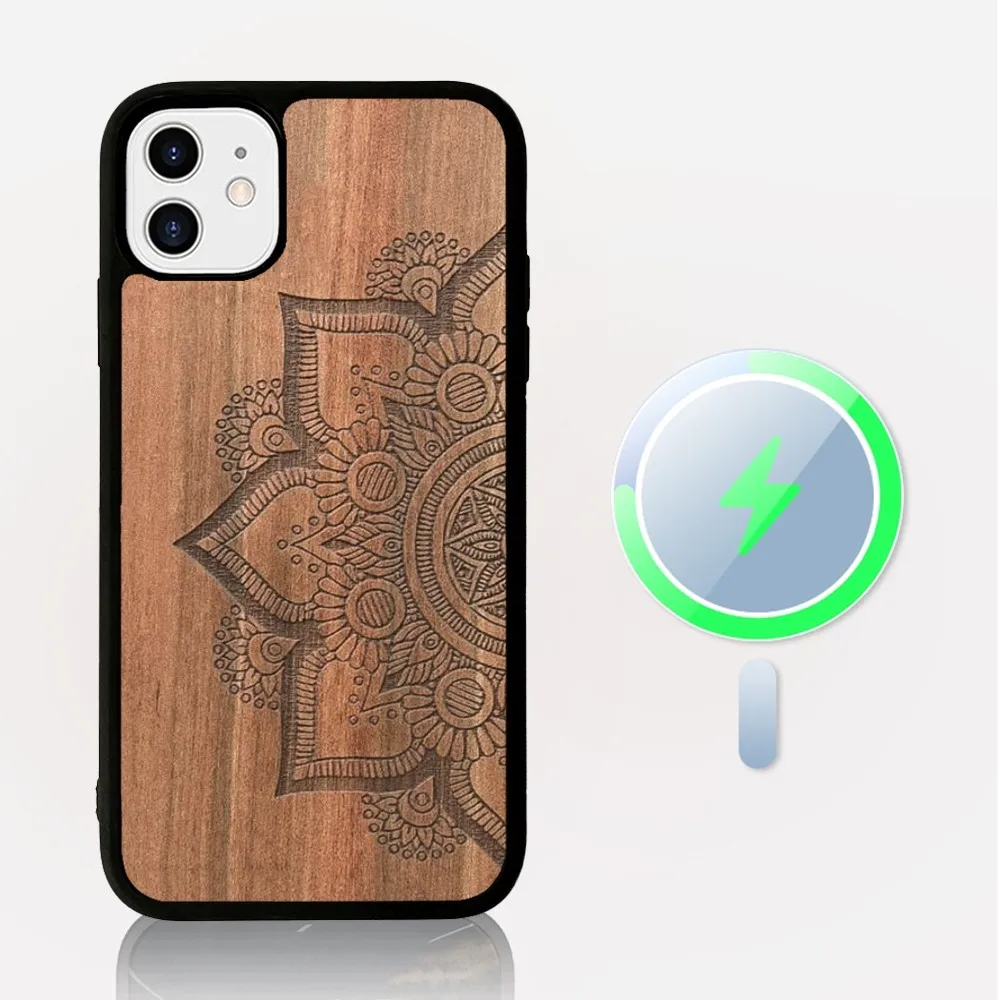 Carved Wood Phone Case Magnetic Case For iPhone 14 13 12 11 15 Pro Max Plus Mini For Magsafe Wireless Charge Cover