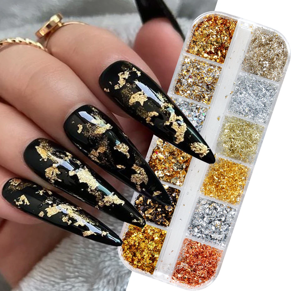 12 Color Gold Foils Gorgeous Nails Glitter Random Aluminum Flakes Paillette Chip Nail Design Shinny Sparkles Nail Art Decoration