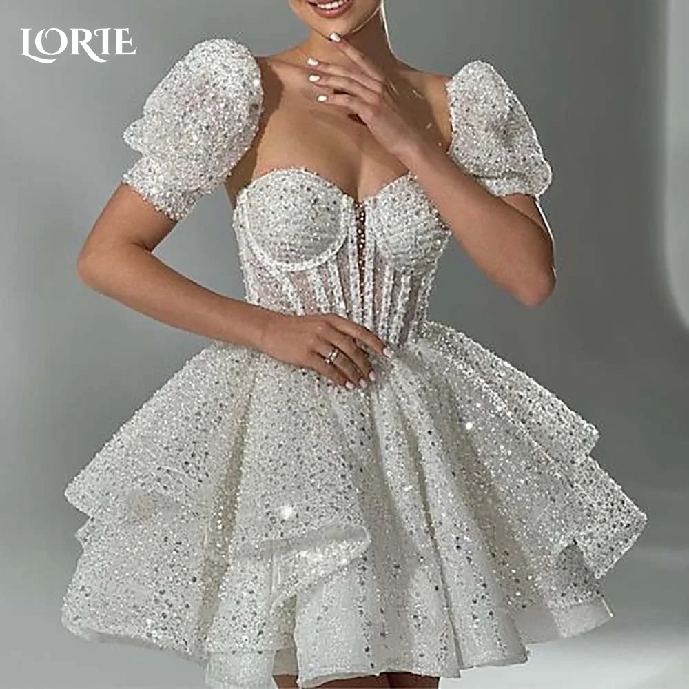 

LORIE Sparkly Short Wedding Dress Puff Sleeve Ruched Backless Sweetheart Bride Gowns 2024 Shiny Mini A-line vestidos de novia