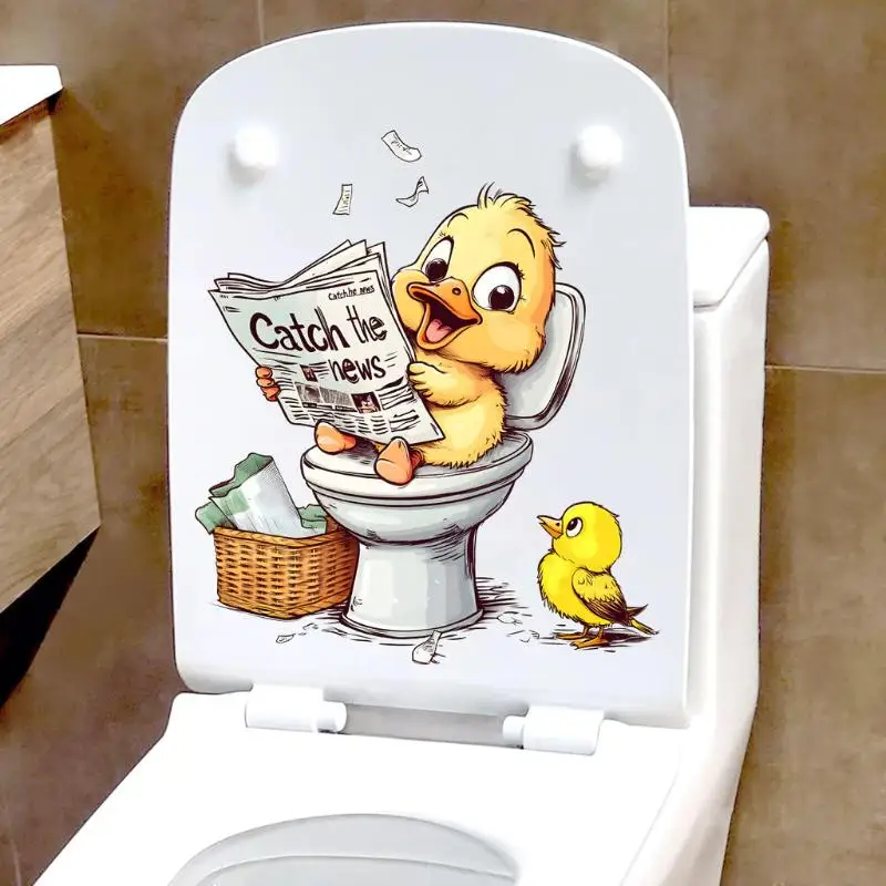 Funny Reading Newspaper Yellow Duck Toilet Cover Sticker Waterproof Removable Decal for Home Decor