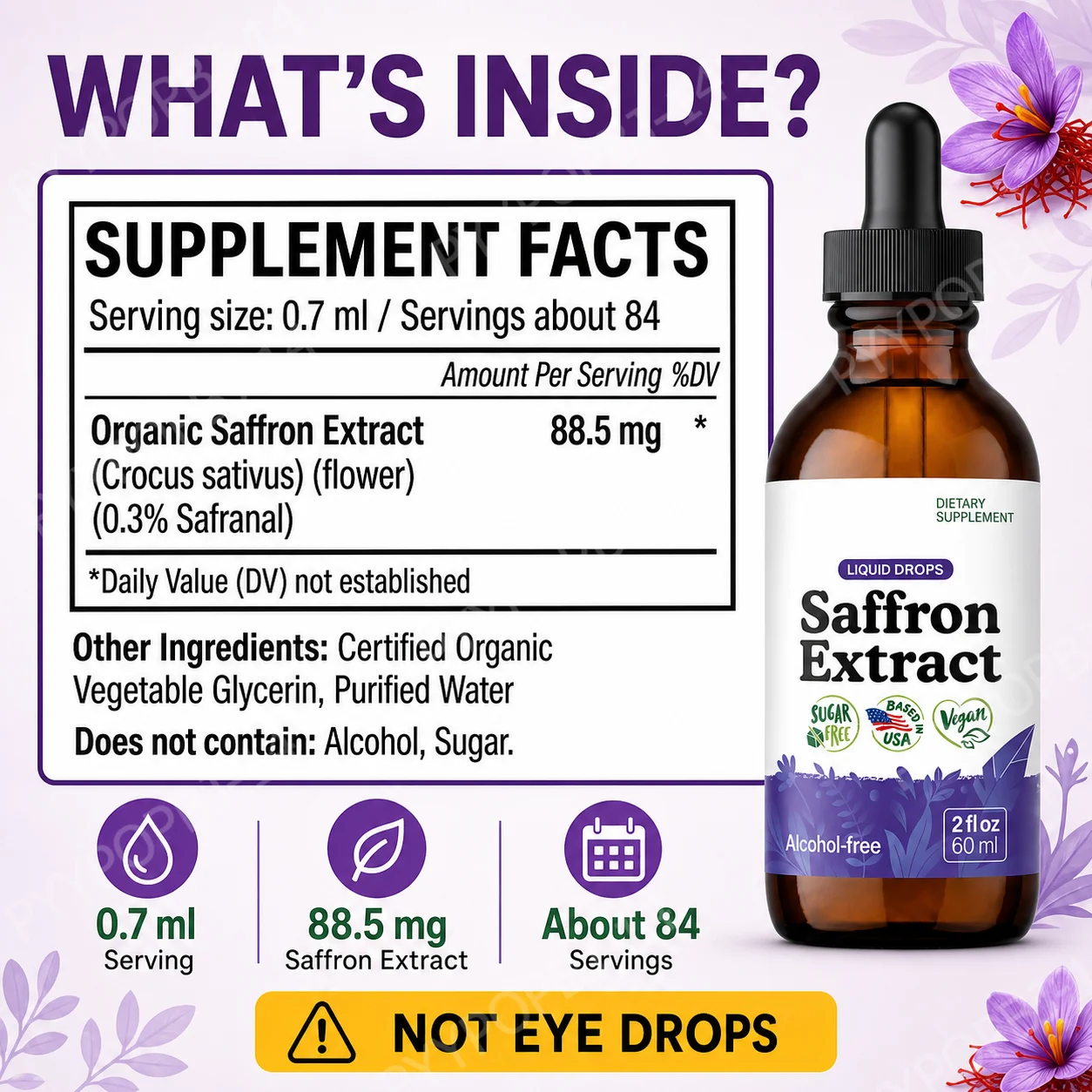 Organic Saffron Liquid Extract Drops Plant Based Herbal Supplement  Vegan Sugar  Alcohol Free 60ml Daily Health Supplements