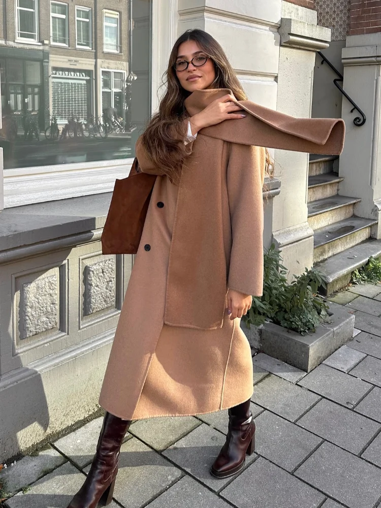 2024 Chic Double-breasted Scarf Collar Woolen Overcoat Women Elegant Solid Oversized Long Sleeve Coat New Popular Lady Outerwear