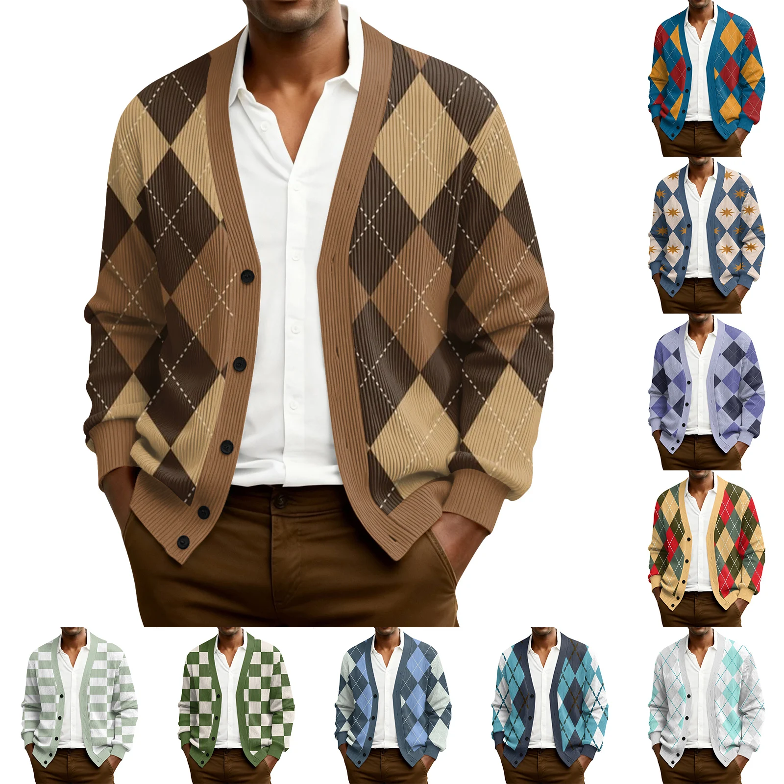

Grid Printed Knitted Long Sleeved Cardigan Men'S Threaded Jacket Men'S Winter Outdoor Cardigan Men'S Sweater