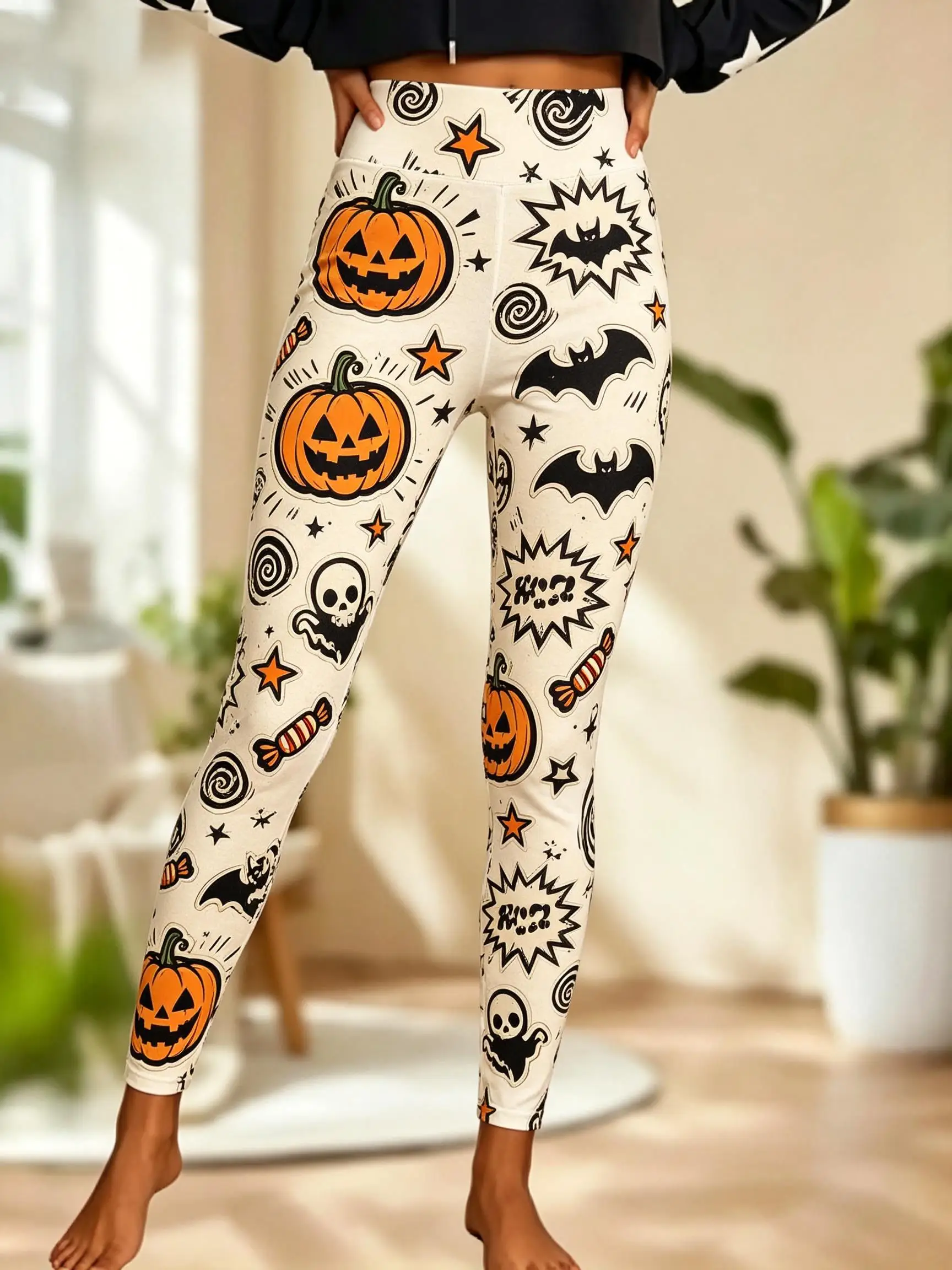 Women Mid Waist Fleece Lined Leggings Halloween Pumpkin Bat Candy Star Print Slim Stretch Party Cosplay Trousers