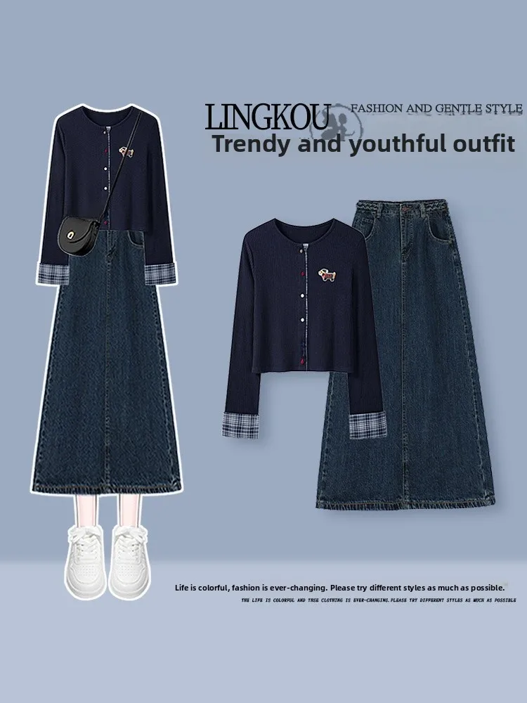 

Korean Style Knitted Dog Cartoon Half-length Denim Skirt And Open Cardigan Women's Fashion Set Autumn Season Casual Wear