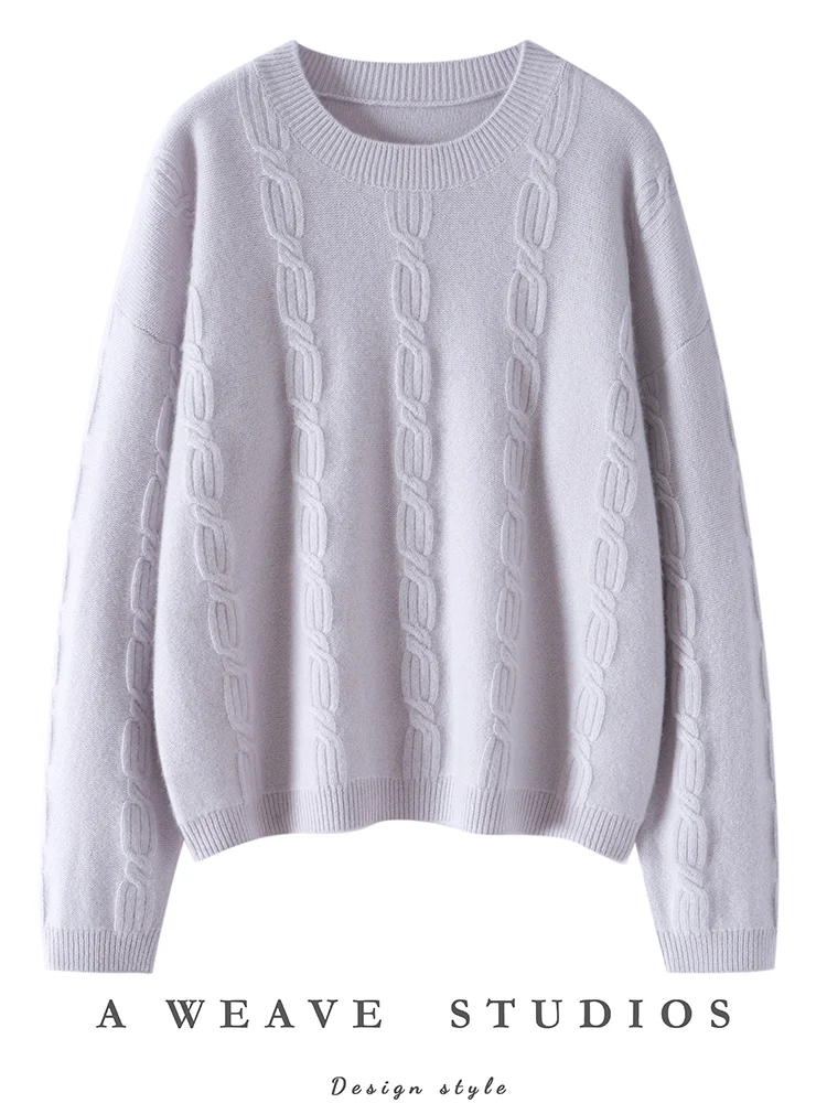 

TLOML Women 100% Cashmere Sweater O-neck Cable Knitting Pullover Long Sleeve Autumn Winter Cashmere Knitwear Simple Loose Tops