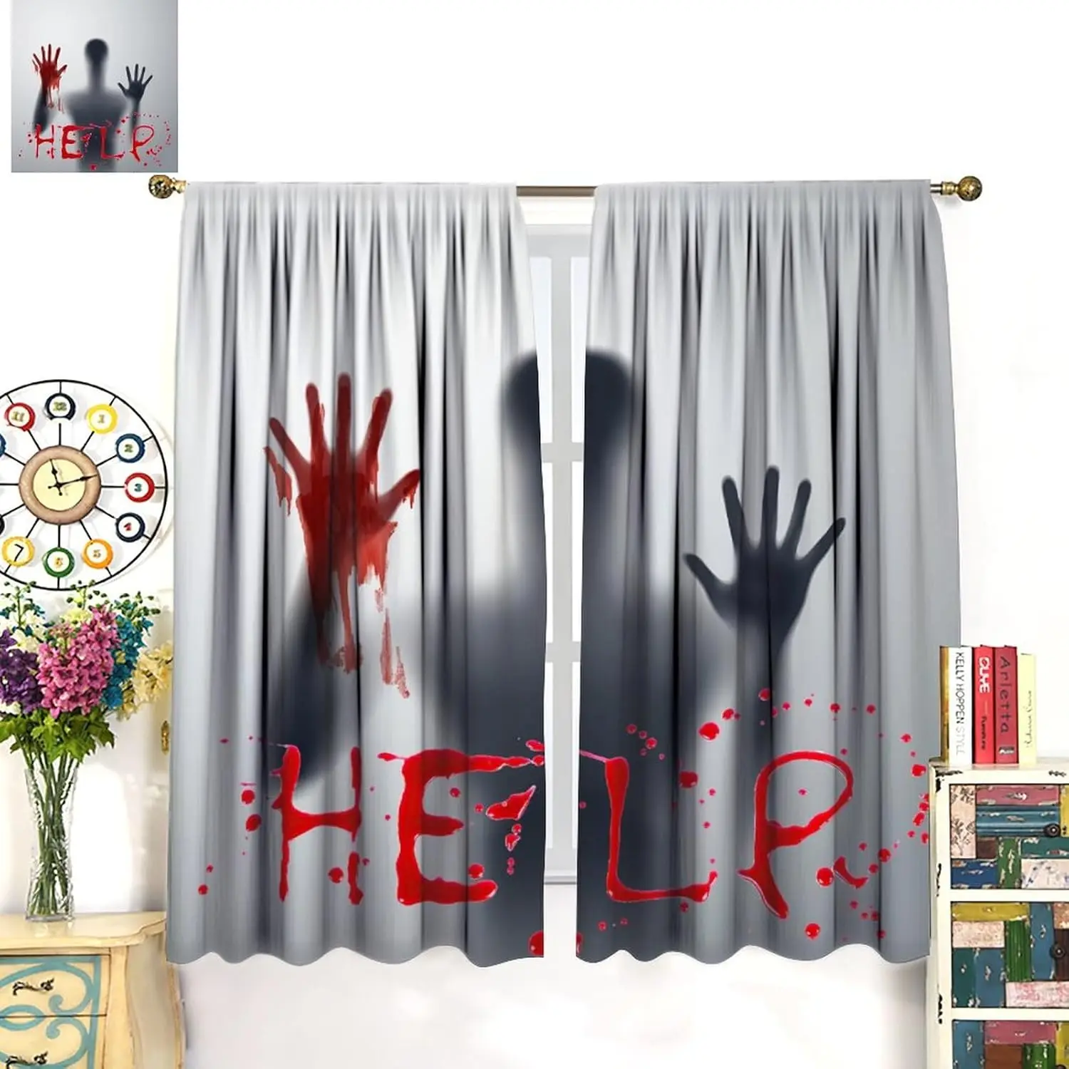 Halloween Curtains, Help Me with Bloody Hands for Halloween Decorations, Bedroom Living Room Blackout Noise Reducing Curtains