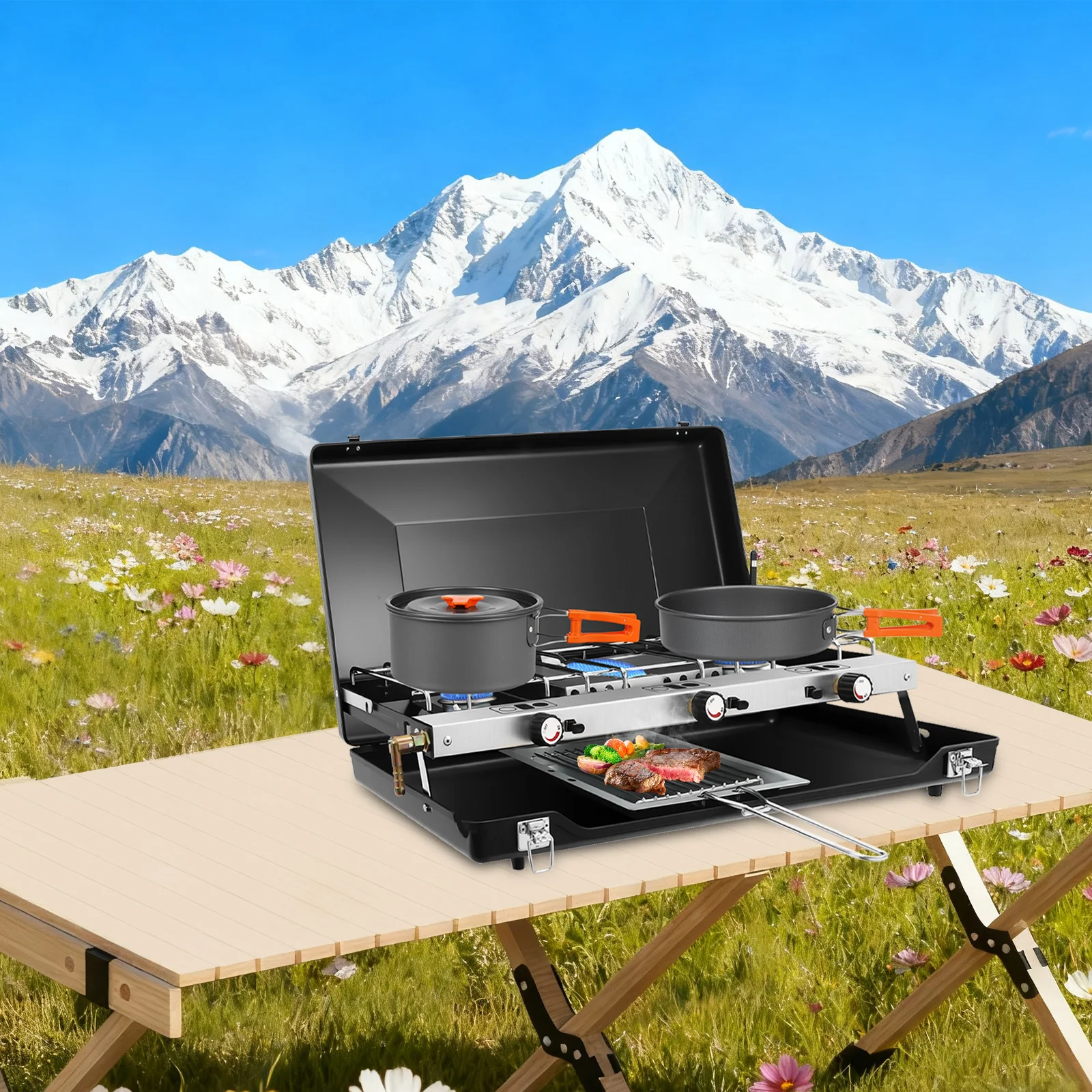 Réchaud à gaz de camping pliable et portable, 3 brûleurs, puissance totale de 4,5 kW, allumage piézoélectrique, couvercle coupe-vent, poignée de transport légère, pour la cuisson en extérieur, le camping, les pique-niques, les barbecues, la randonnée, les voyages, les fêtes en plein air