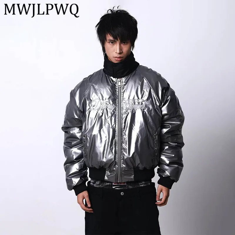 

MWJLPWQ Metal Silver-Pleated Short Jacket Male Stand Collar Rivet Embroidery Design High Street Trend Casual Cotton Tops 14558