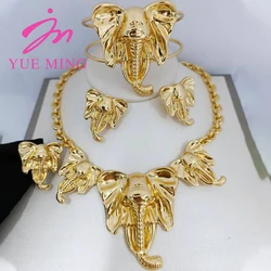 Dubai Gold Color Jewelry Set For Women Copper Earring Necklace Nigerian Bridal Jewelry Accessory Wedding Bracelet Rings Party