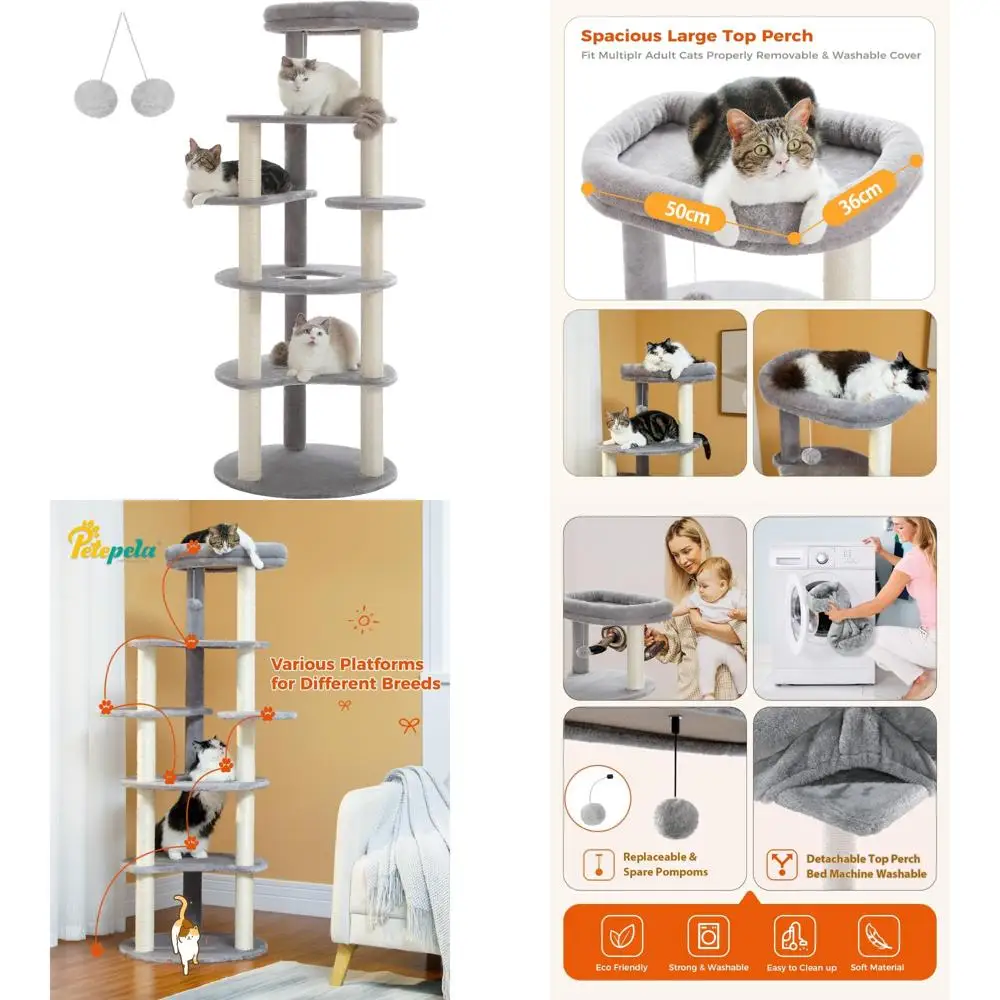 

6-Level Indoor Cat Tree with 9 Sisal Scratch Posts and Replaceable Dangling Ball for Climbing and Play