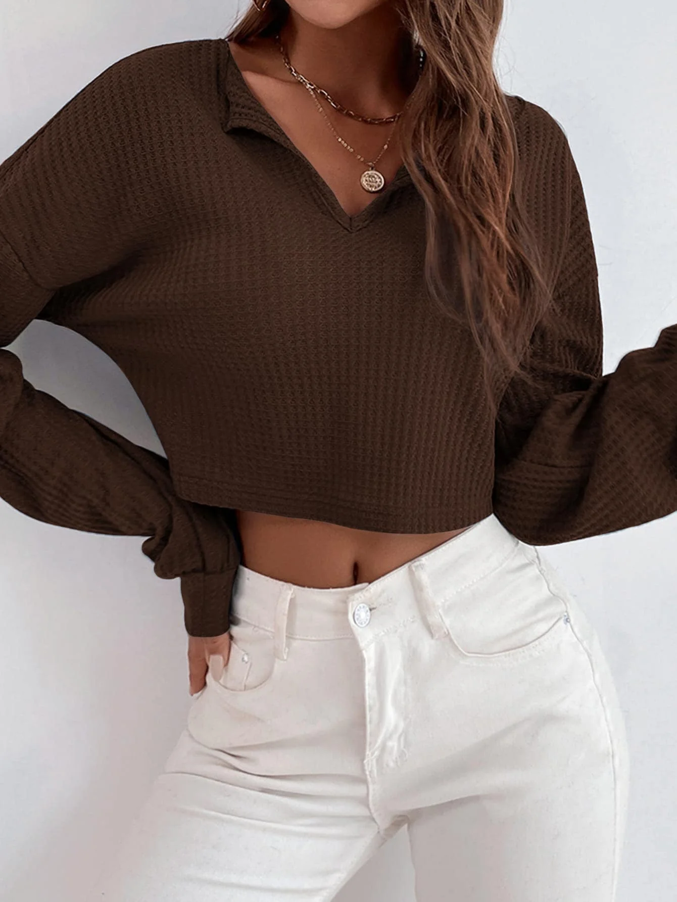 

Brown Waffle Knit Cropped Top with Drop Shoulder and V-Neck