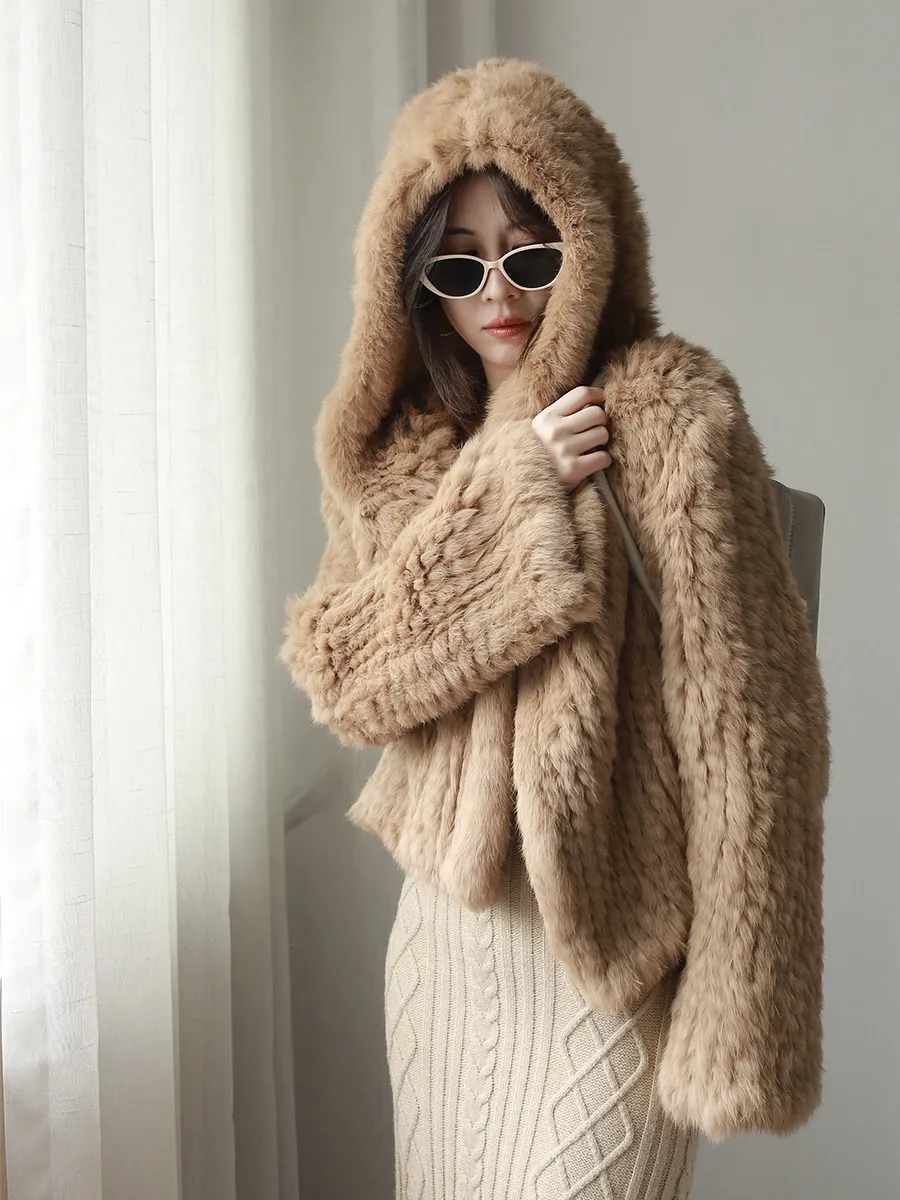 Long Sleeve Casual Loose Knitted Real Rabbit Fur Hooded Coat Women Genuine Natural Rabbit Fur Outwear Female Fur Jacket