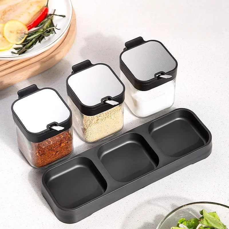 3pcs Seasoning Box Set Kitchen Sealed Salt Shaker with Lid with Spoon with Tray Seasoning Bottle Glass Spice Container Jar Set