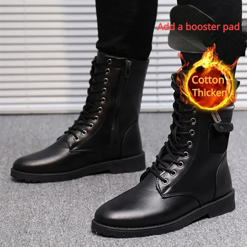 Men Boots Increasd Ankle Boots Metal Side Zipper Men\'s Boots British Male Motorcycle Boots Quality Mid-Carf Cotton Winter Shoes