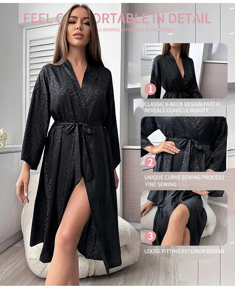 Summer Lady Mid-length Bathrobe French Sexy Imitated Silk Lingerie Full Sleeve Ice Silk Sleepwear Women Pajama Shower Robe