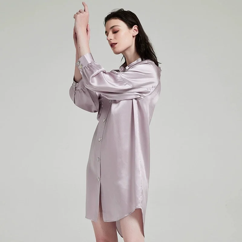 19-Momme Mulberry Silk Shirt Dress | Elegant Midi-Length Silk Nightgown | Premium Silk Loungewear for Summer