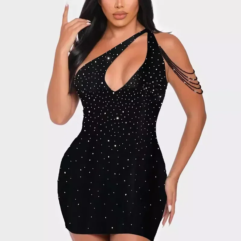 Sexy Glitter Crystal Rhinestone Birthday Dress for Women Night Club Party One Shoulder Cut Out Sheath Slim Black Bodycon Dress