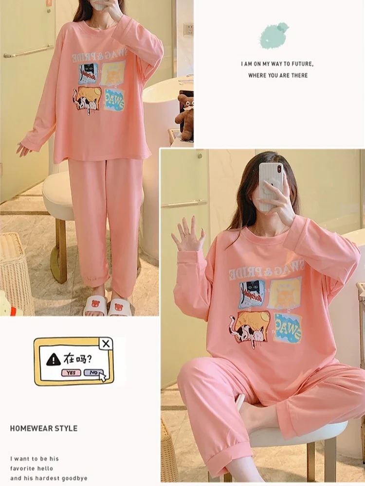 플러스 사이즈 여성용 잠옷 세트, 긴 소매 홈웨어, 라지 사이즈, 느슨한 만화 라운지웨어, 카와이 잠옷, 가을 용수철 모델, 5XL