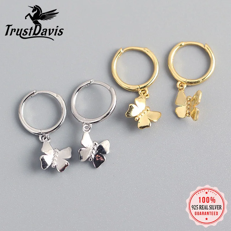 

TrustDavis стерлингового серебра 925 пробы, модные серьги-кольца с насекомыми и бабочкой для дочери и девочек, подарок на день рождения, ювелирные изделия DA1961
