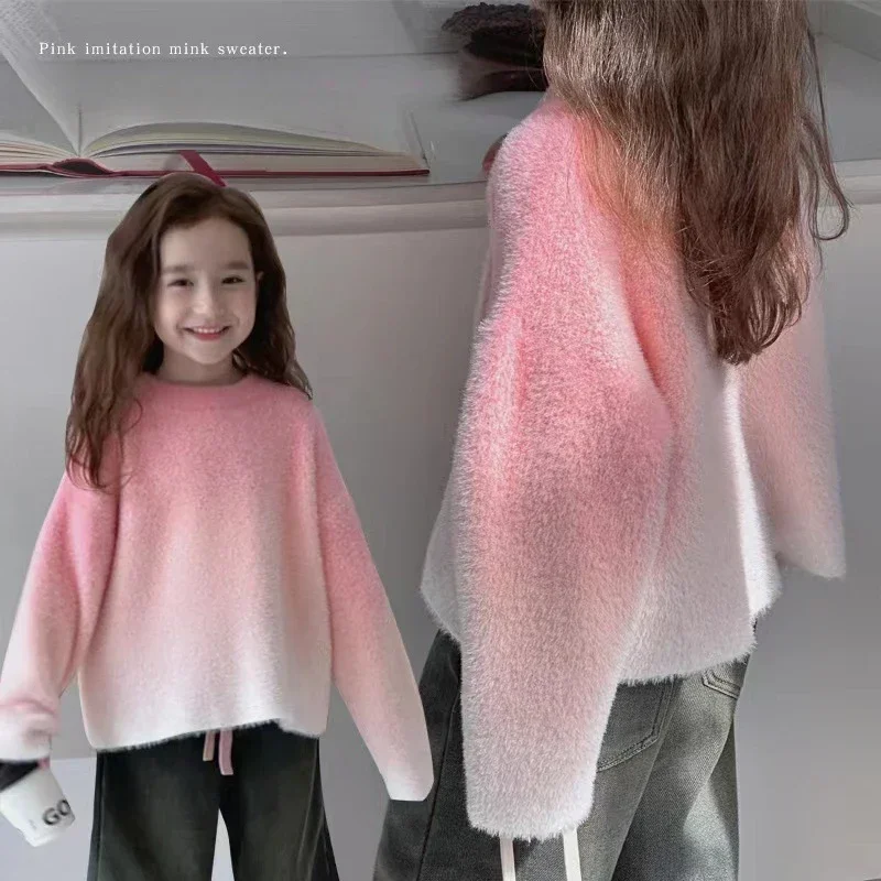 

Winter wpring Girls Gradient Color Sweater 2024 Fashion Round Neck Pink Childrens Pullovers Versatile Knitwear Thickened Tops