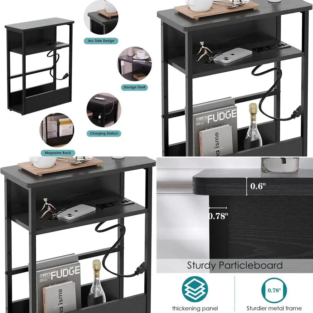 

Compact 3-Tier Charging Side Table with Storage, 23.6 for Small Spaces, Living Room Black