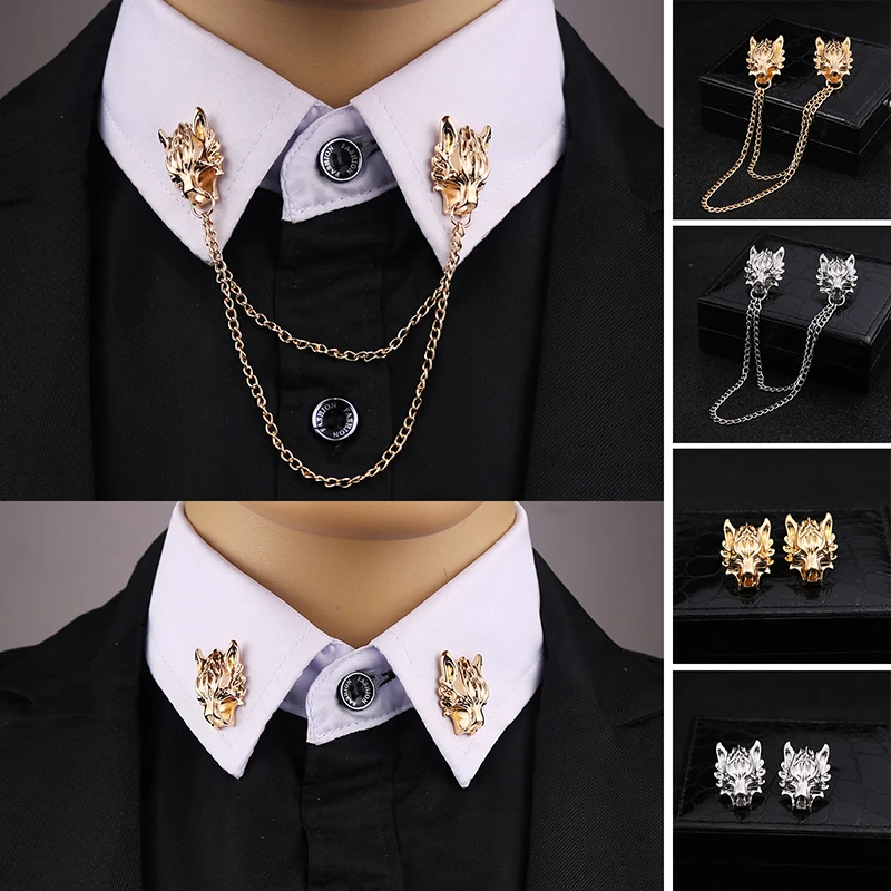 1 Pair New Chain Wolf Pin Brooches For Men's Suit Brooch Collar Decorated Wolf Head Shirt Accessories Tide Corsage Brooch Pins