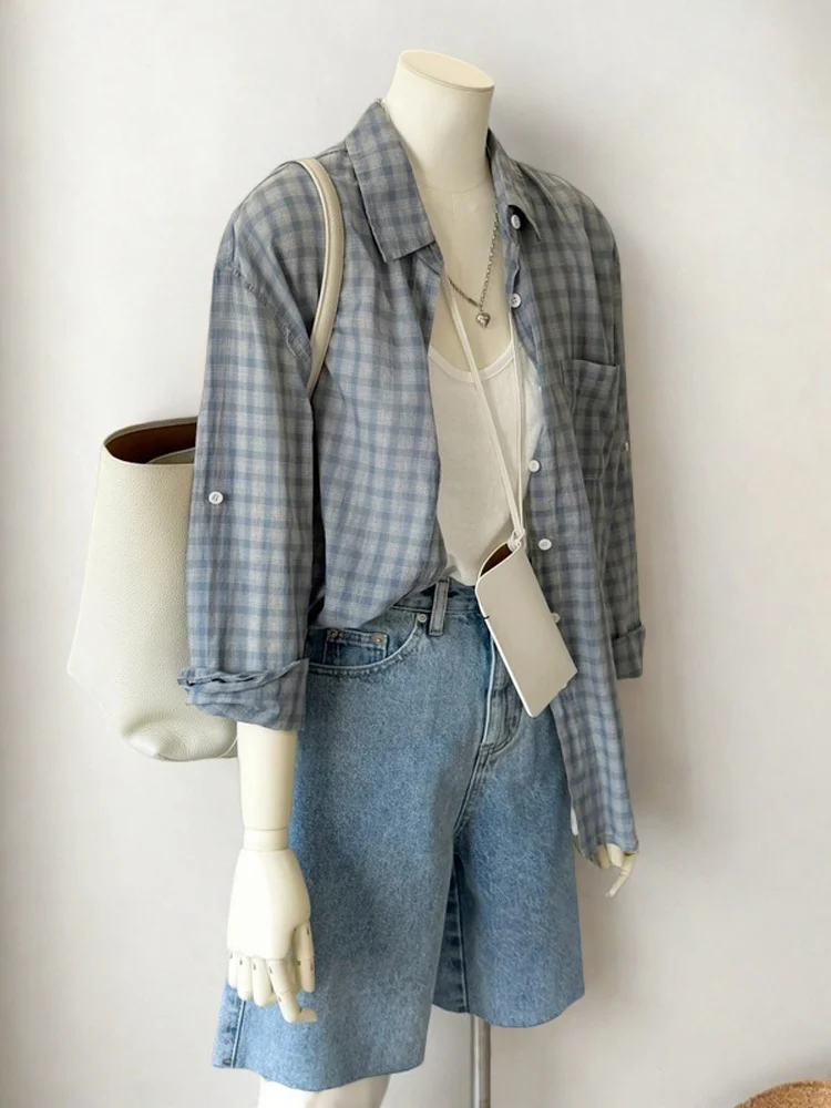 

Легкая дышащая рубашка в клетку с защитой от солнца для женщин, летняя рубашка с высокой талией и длинным рукавом, с воротником.