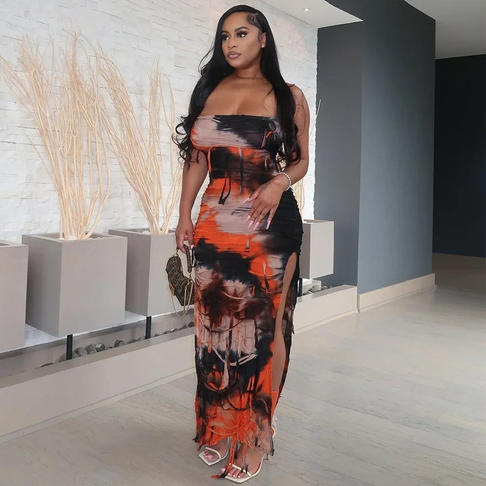 Irmã estrela moda feminina sem mangas sem costas divisão tie-dye mendigo mendigo sedoso drape personalizado vestidos estilo rua