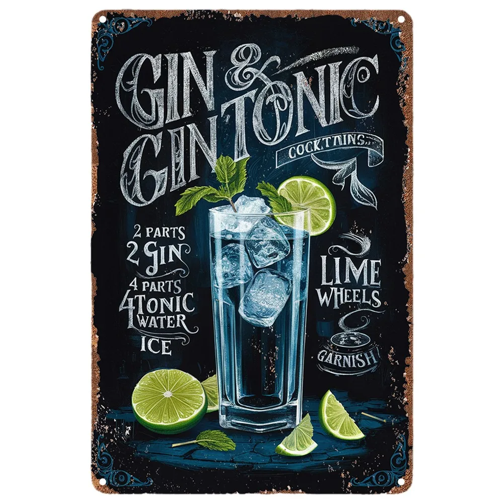 Decoración de la habitación, cartel de estaño de Metal con receta de cóctel tónico y Gin Vintage, cartel artístico de pared de aluminio 2D, decoración Retro para el hogar, 1 ud.