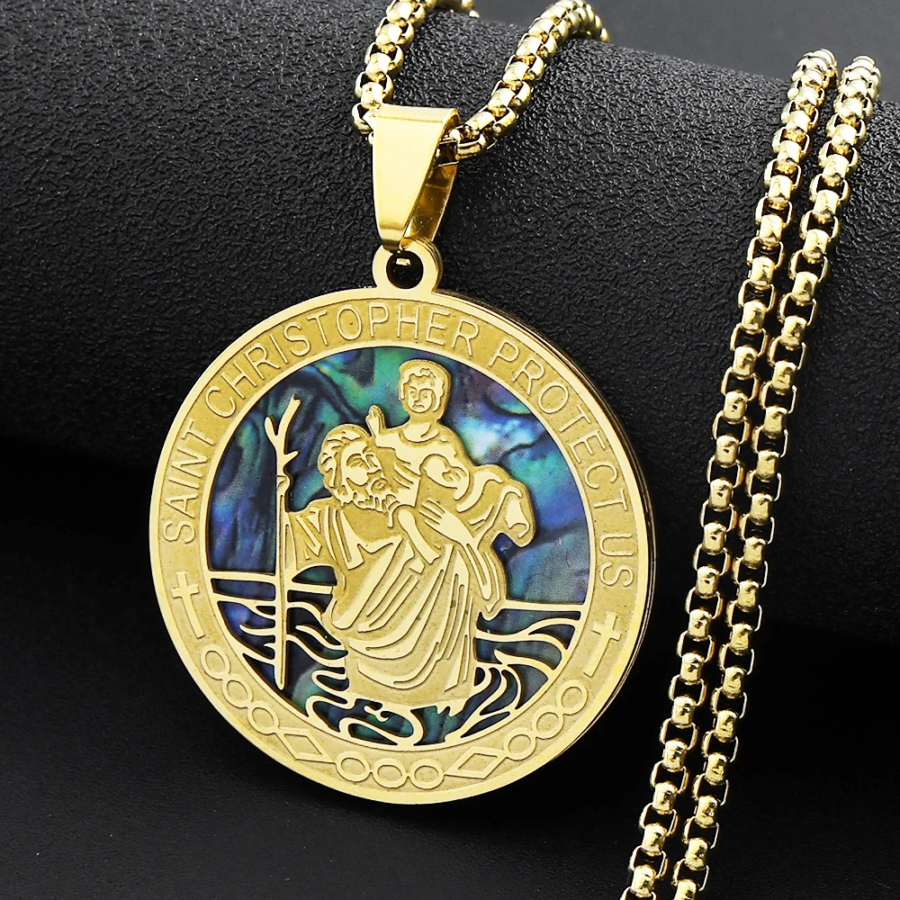 Saint Christopher Protect Us Round Pendant Necklace for Women Men Stainless Steel Gold Color Christian Amulet Chain Jewelry