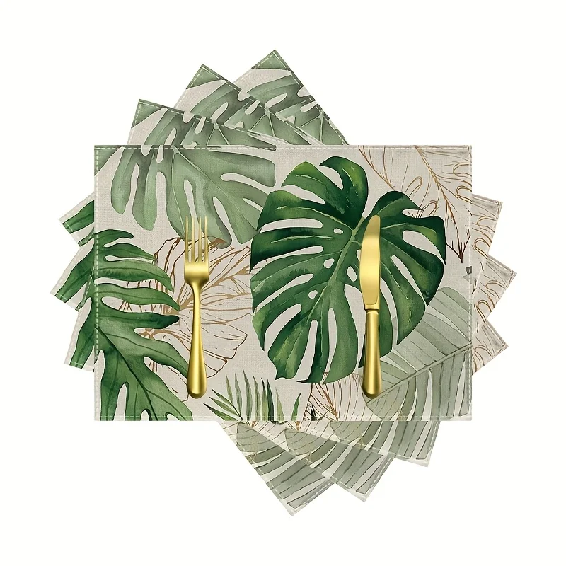 4pcs Table Runner Set Spring Summer Palm Leaf Placemats, Tropical Green Dracaena Plant Table Runner Hawaiian Dinner Kitchen