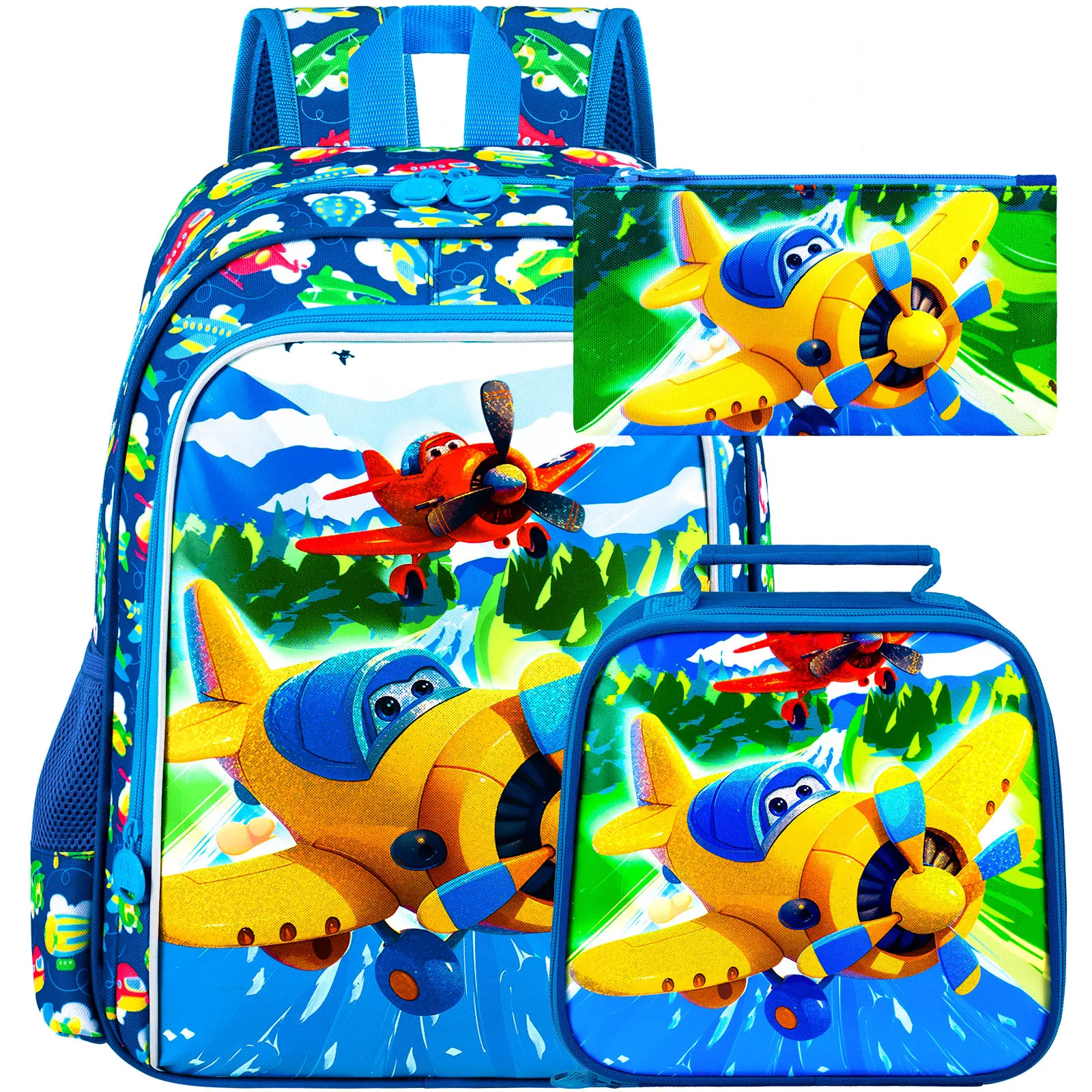 

3Pcs Airplane Backpack for Boys, 16" Kids Bookbag Set for Elementary Preschool Kindergarten, School Backpacks with Lunch Box(Blu