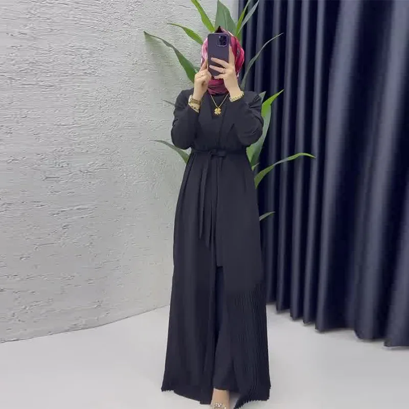 Modisches, lässiges Bankettkleid mit großem Saum, hohe Taille, plissiert, neues einfarbiges Kleid, Rundhalsausschnitt, langärmeliges Kleid