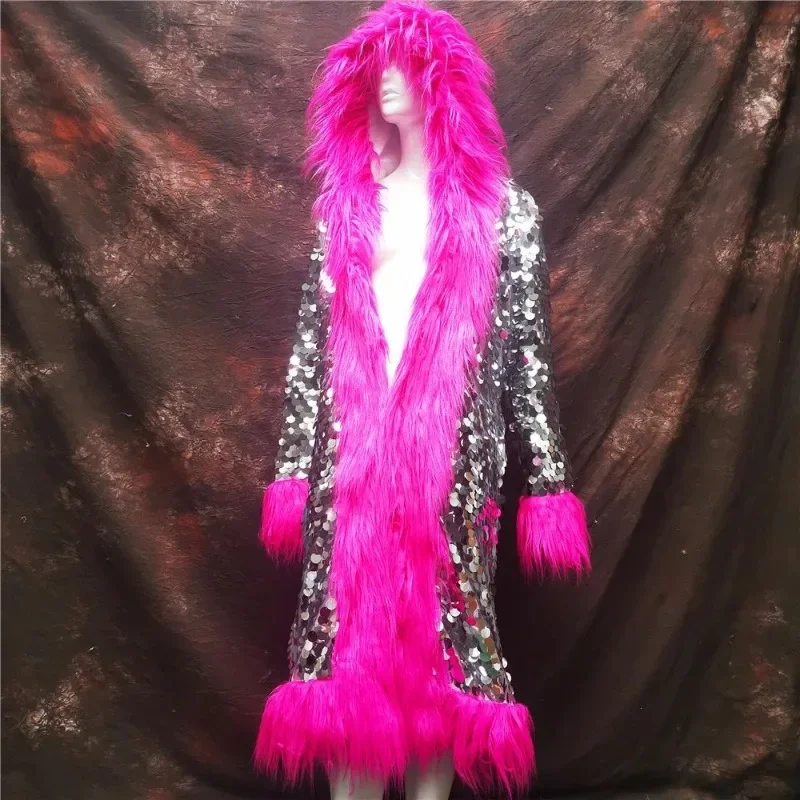 2025 New Fashion Long Hooded Imitation Fox Fur Jacket Colorful Sequined Nightclub Coat Women Stage Party Performance Clothes