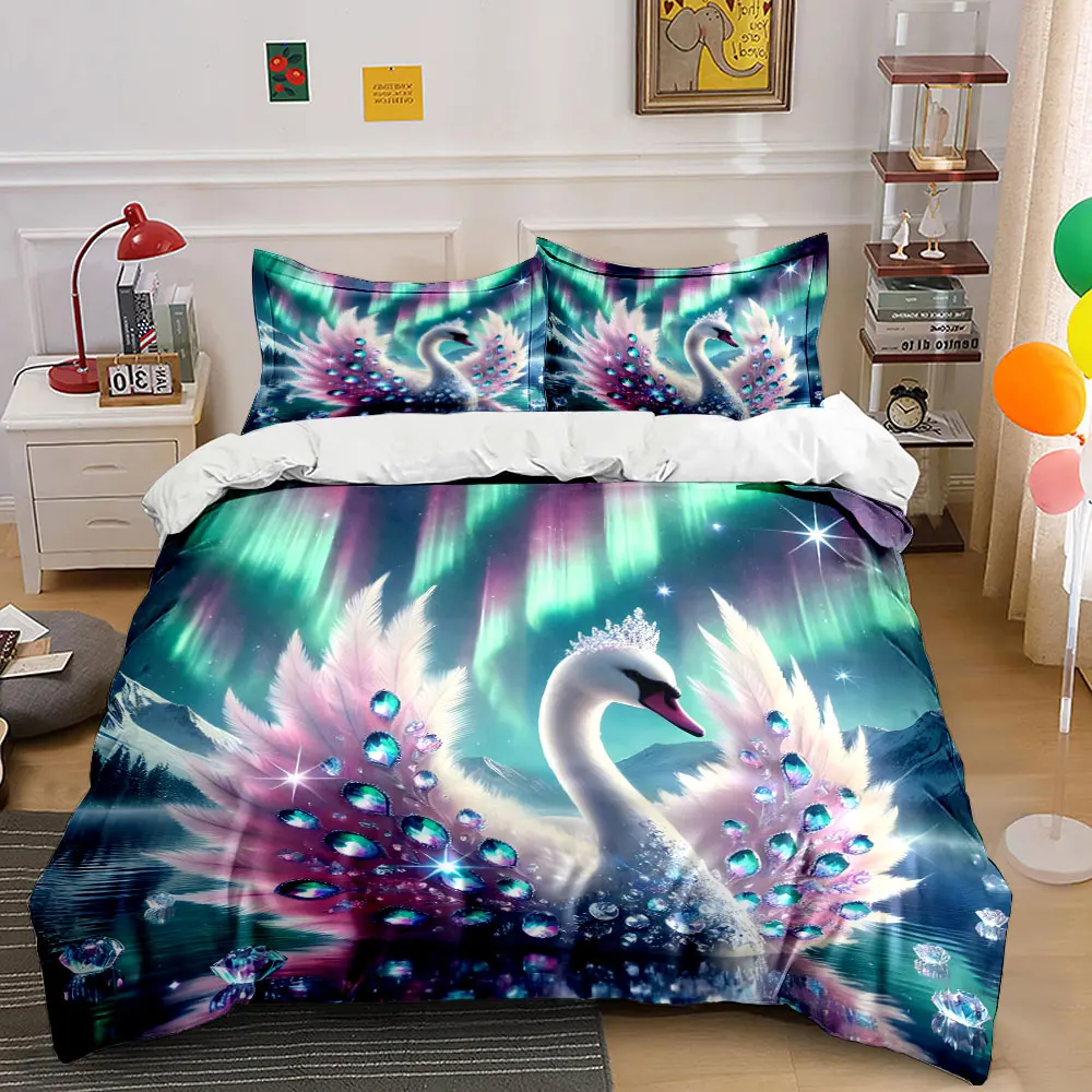 Enchanted swan under aurora Bedding Set for Kids Luxury Gift 3pcs Digital Print Comforter Set Soft Comfortable Breathable