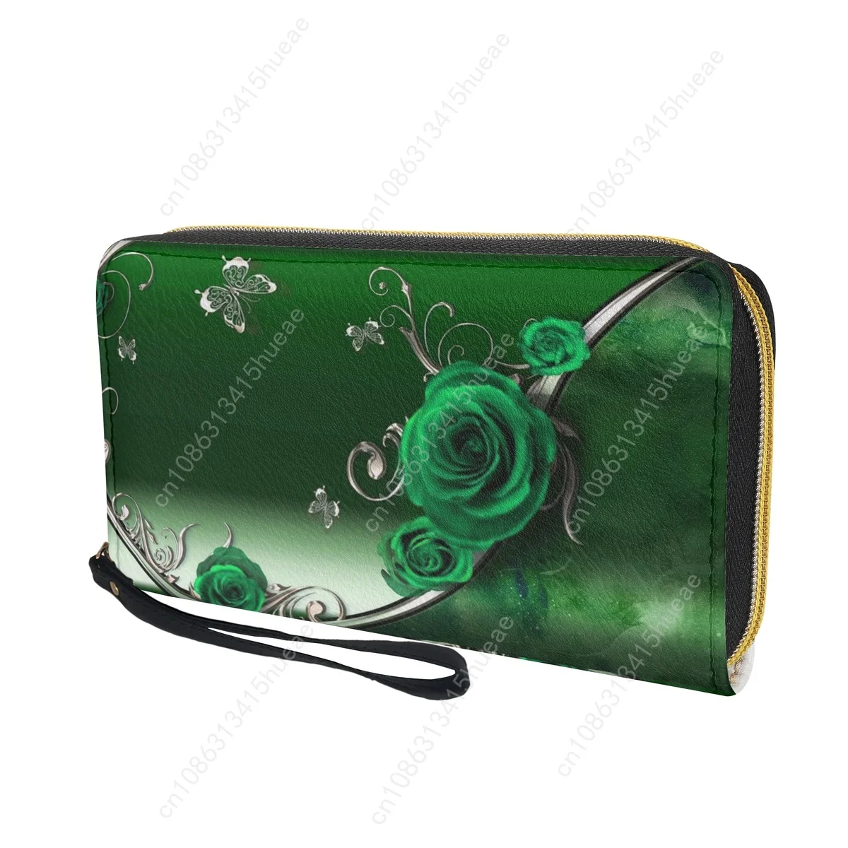 Moda Gothic Rose Green Skórzane portfele dla kobiet Luksusowa marka 2023 Torebki damskie Pasek na nadgarstek Torebka Casual Card ID Holders