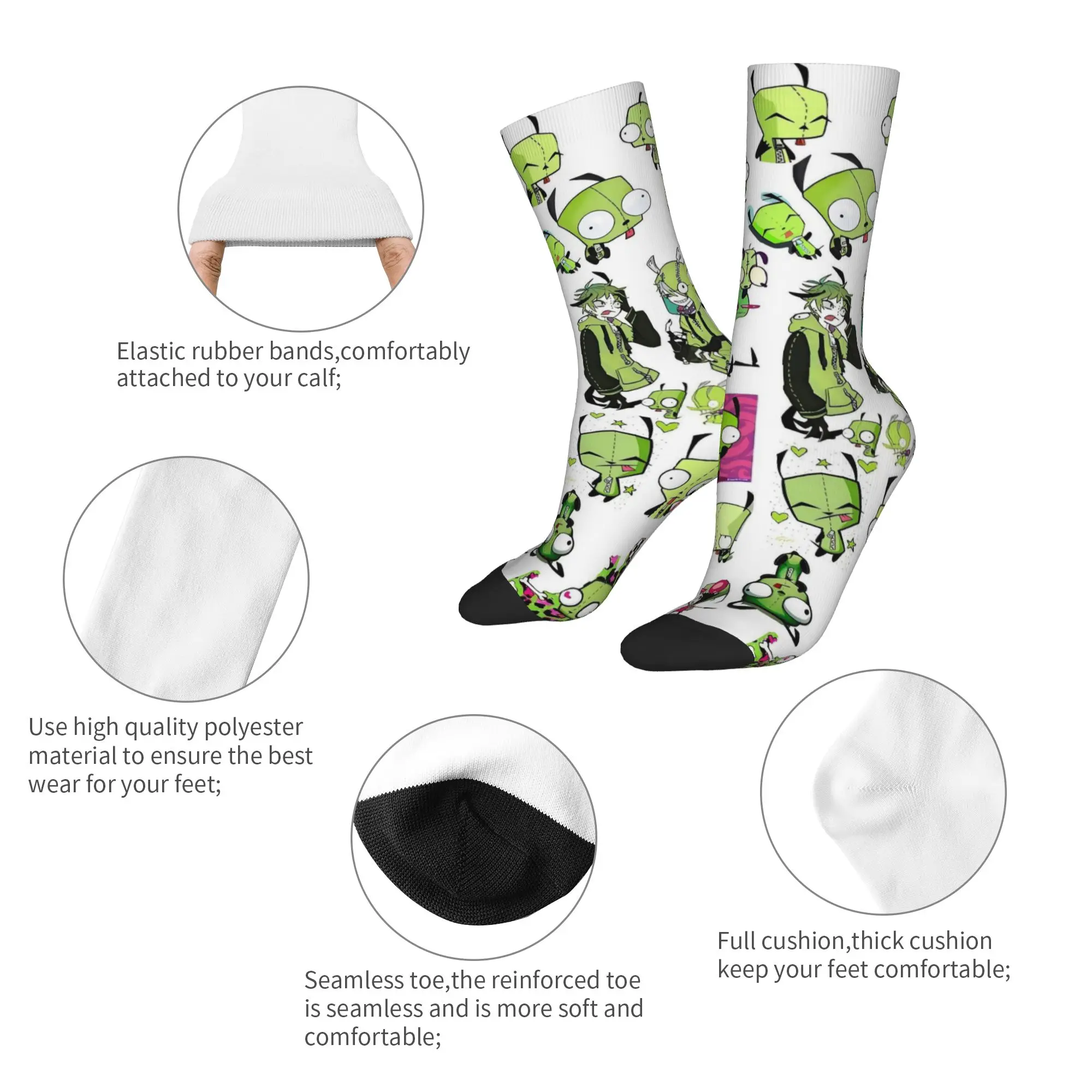 Harajuku Invader Zim Gir Cartoon Basketball Socks  Polyester Crew Socks for Women Men Sweat Absorbing