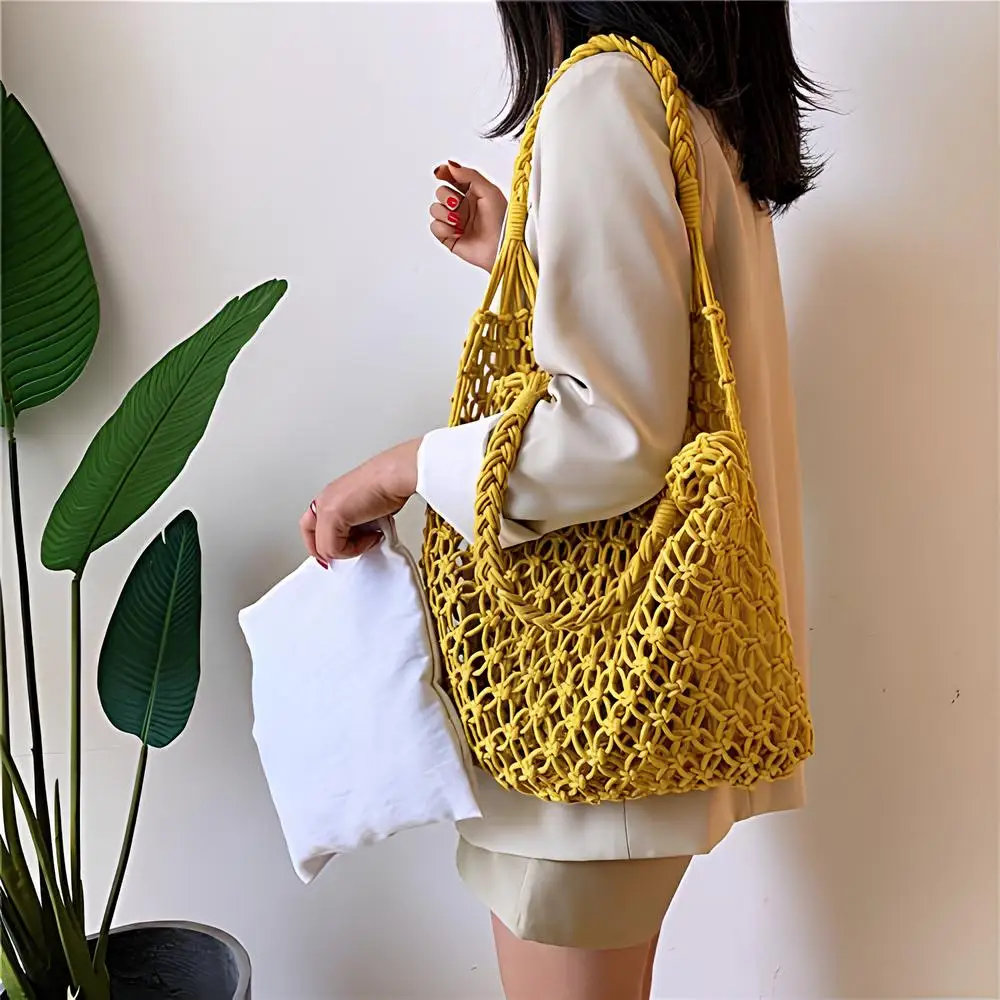 

Women Bag Bucket Cotton Beach Bag Woven Bag Casual Hollow Out Solid High-Capacity Shoulder Bag Handbag