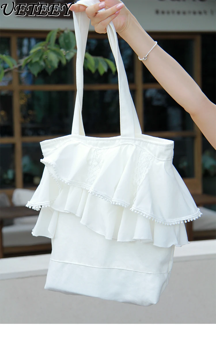 Original Design Exquisite Lace Fairy Ruffled White Canvas Bag Spring Summer Sweet Cute Girl One-Shoulder Handbag Women Tote Bags