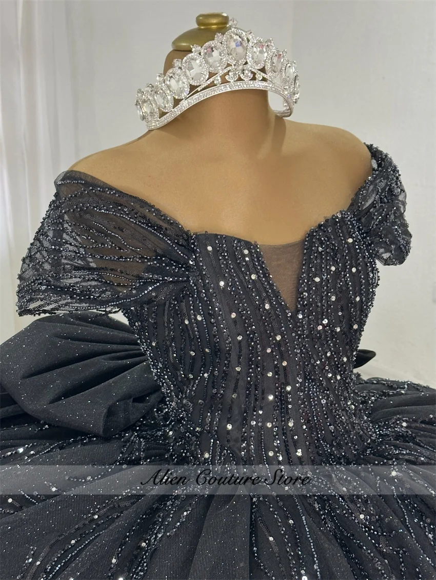 Glitter Zwart Quinceanera Jurken Baljurk Vestidos De 15 Anos Off-Shoulder Zoete 16e Verjaardag XV Prinses Partij Aangepaste