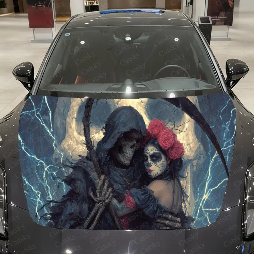 

Виниловая пленка для автомобиля с изображением Жнеца с черепом и Девушки с цветочным лицом, водонепроницаемая наклейка на капот автомобиля из ПВХ, самоклеящиеся устойчивые к царапинам наклейки