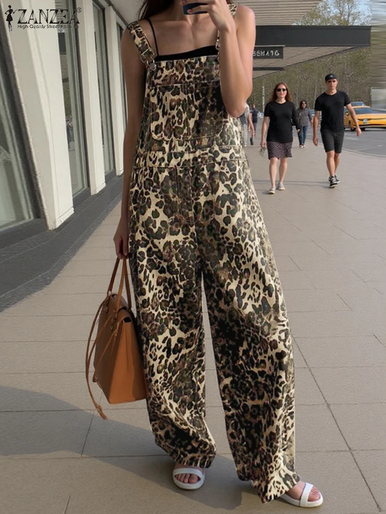 ZANZEA-monos con estampado de leopardo para mujer, monos informales con bolsillos, pantalones de pierna ancha, ropa informal suelta, peleles largos, 2025
