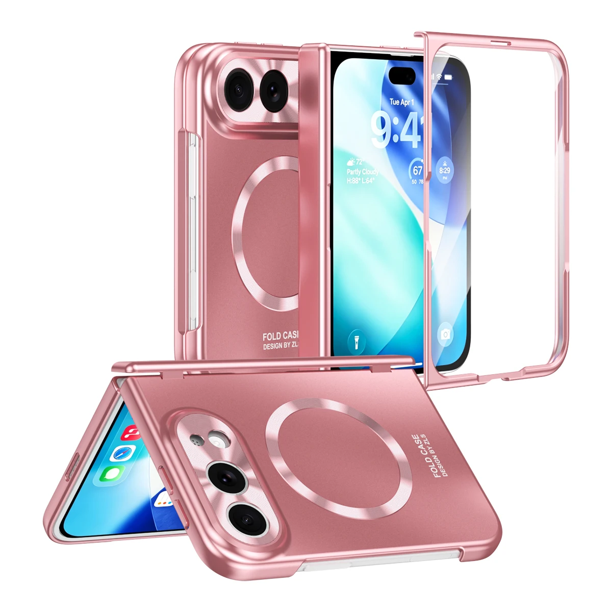 Magnetische Hülle für iPhone DUO mit Glasfolie, Scharnier- und Kameraschutz, faltbar, aus robustem PC-Material, kabelloses Laden, stoßfest, luxuriöse Beschichtung.