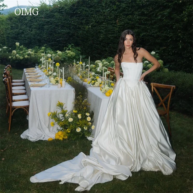 

OIMG Modern Strapless A Line Wedding Dress Satin Backless Bride Dresses Floor Length Long Tail Wedding Gowns Customized